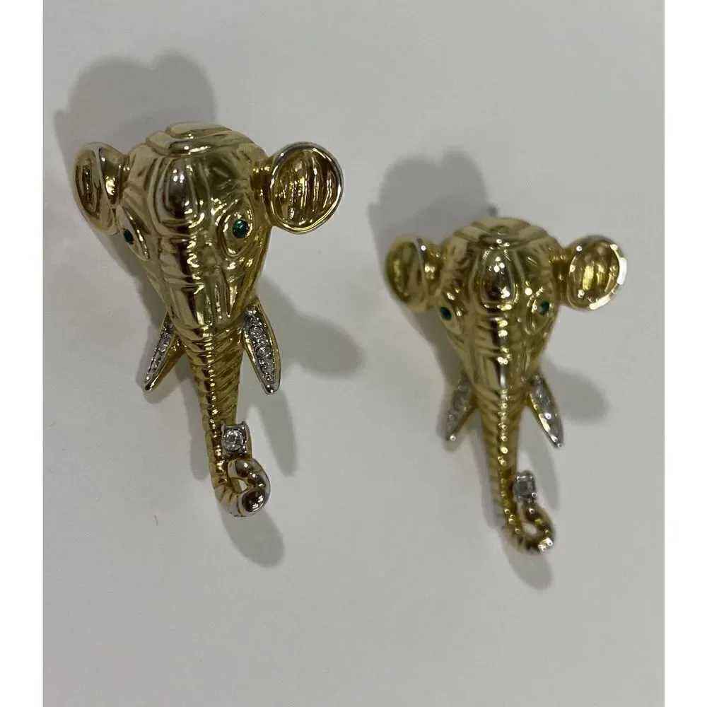 Vintage Elephant Pierced Earrings Rhinestone Gold Faux Emerald Eyes‎